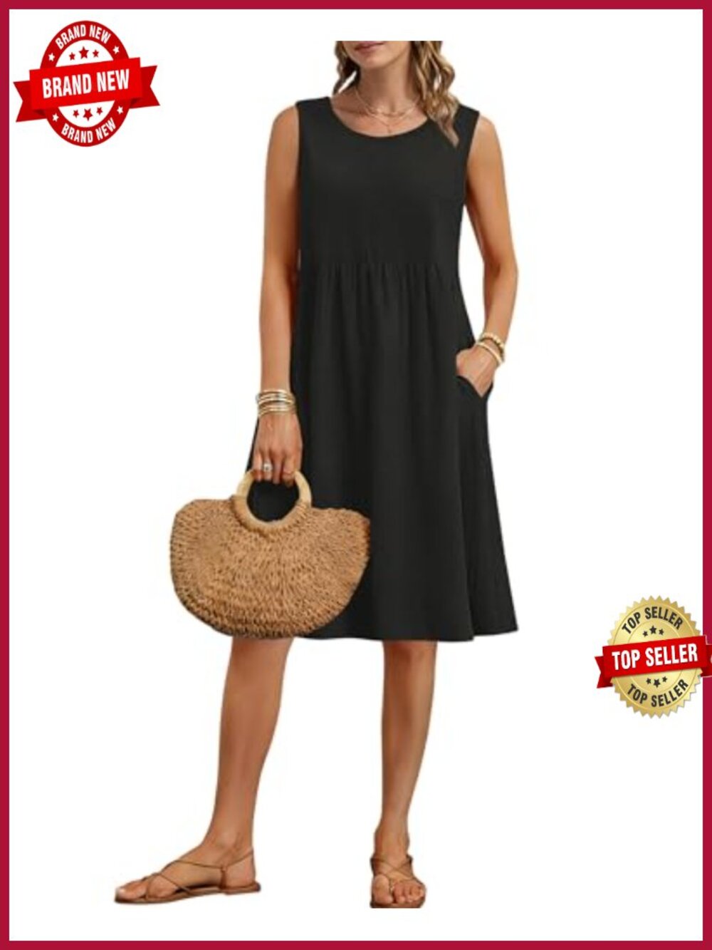 Sleeveless Knee Length A-Line Sundress with Pockets Empire Waist Summer Dress
